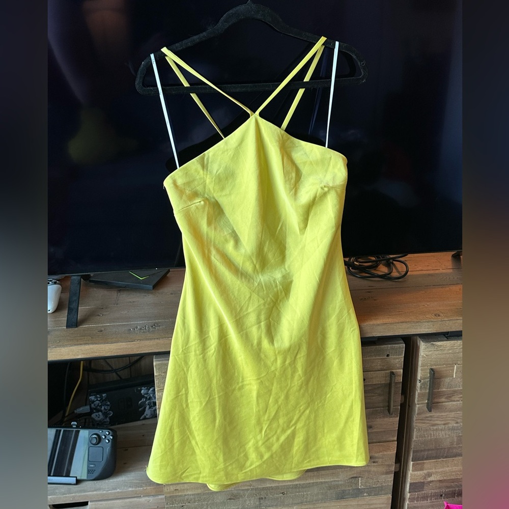 Lulus Rooftop Party Chartreuse Satin Halter Mini Dress - Picture 3 of 5